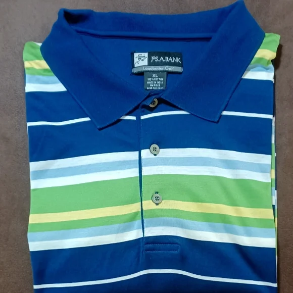 Jos. A. Bank Men s Leadbetter Golf Polo Size XL Blue Green Stripe Logo Sleeve